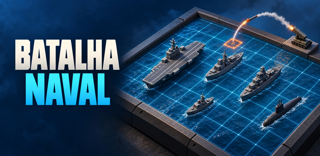 Arte do Batalha Naval: navios em um tabuleiro no mar e um lançador disparando um míssil